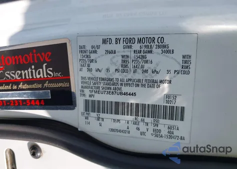 2007 Ford Explorer Xlt z USA, uszkodzony, nr VIN 1FMEU73E87UB46445